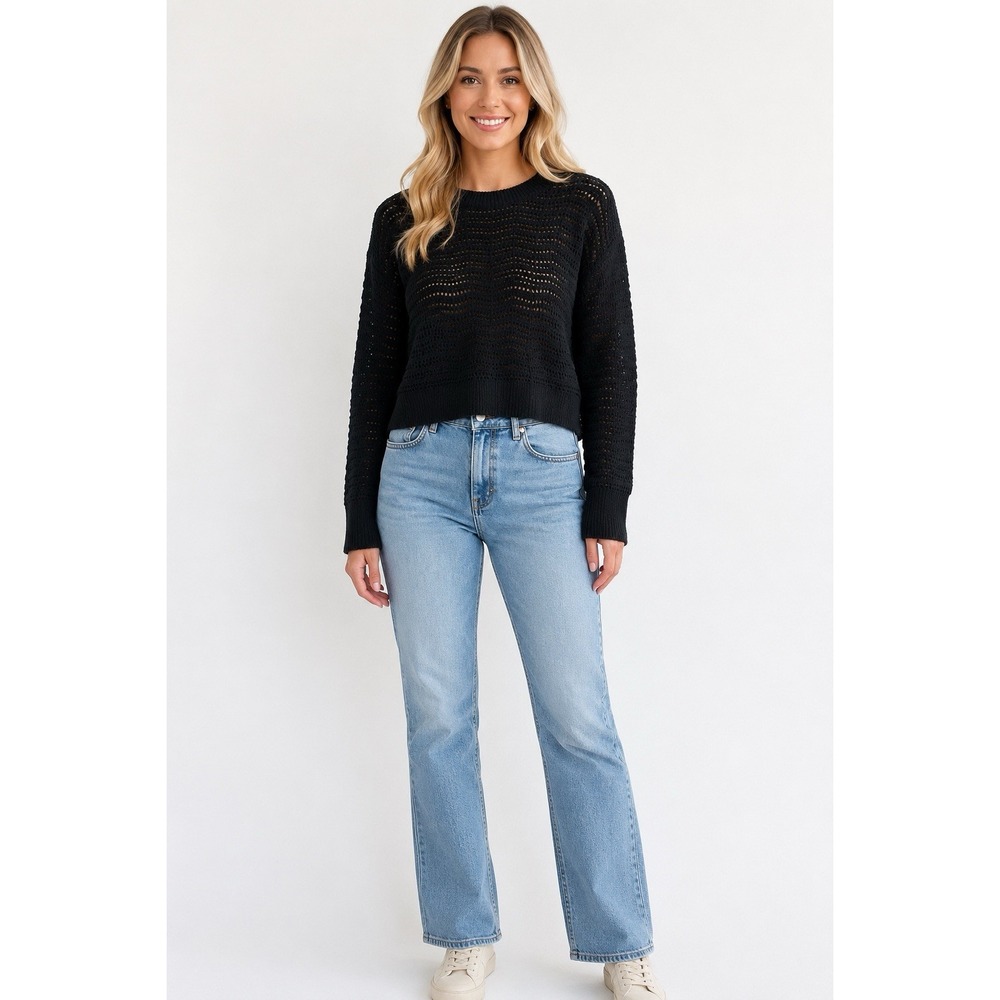 J.Crew Black Pointelle Knit Sweater Small Cropped Open Knit Crewneck Boho